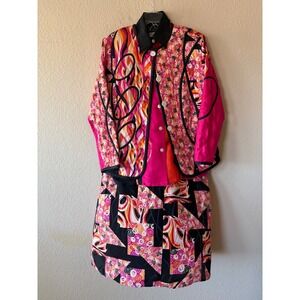 Koos of Course Vintage 3 Piece Silk Set Jacket Shirt Skirt Pink Red Black S
